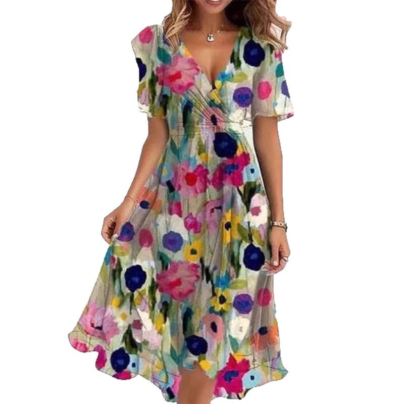 Woman Floral Print V-Neck Short Sleeve Midi Dress