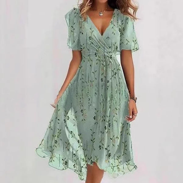 Woman Floral Print V-Neck Short Sleeve Midi Dress