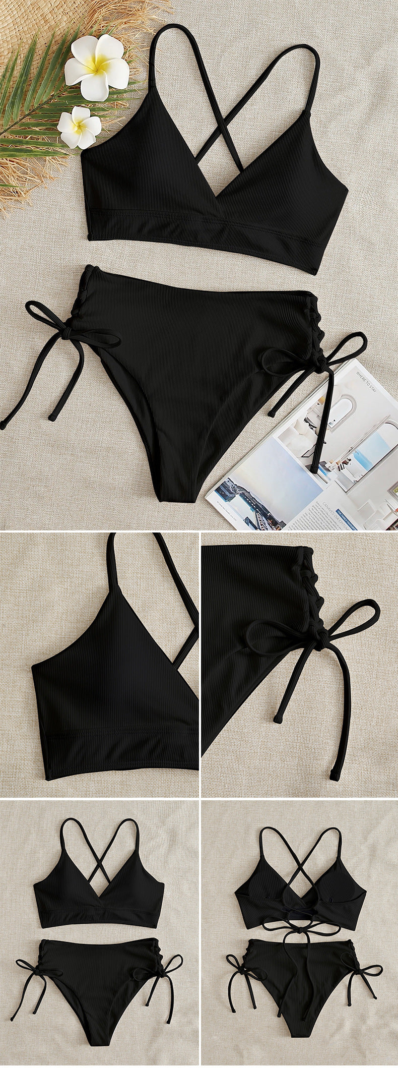 New European and American Swimwear Women Cross-border Solid Color V-neck Sexy Bikini suit High Waist Drawstring Split Swimsuit