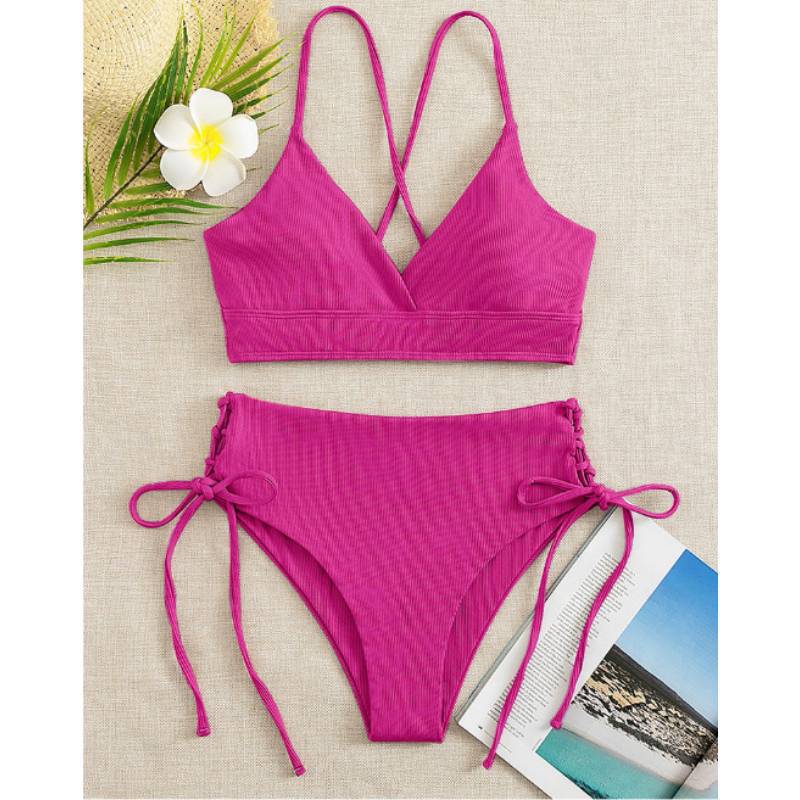 New European and American Swimwear Women Cross-border Solid Color V-neck Sexy Bikini suit High Waist Drawstring Split Swimsuit