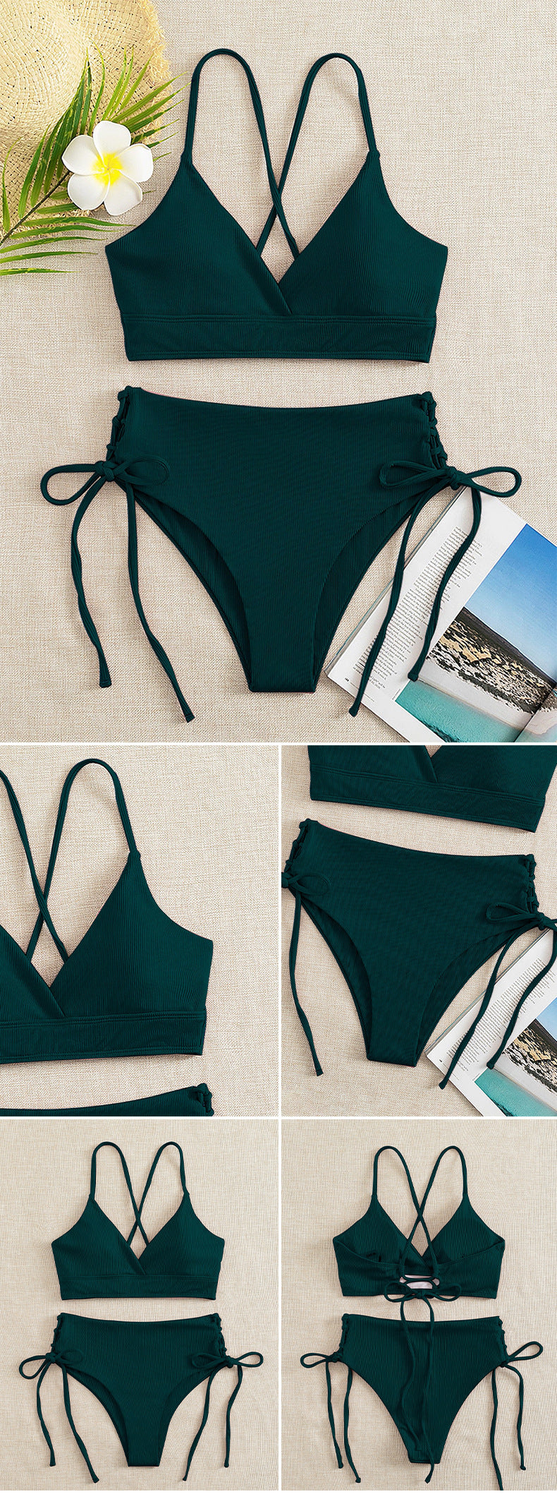 New European and American Swimwear Women Cross-border Solid Color V-neck Sexy Bikini suit High Waist Drawstring Split Swimsuit