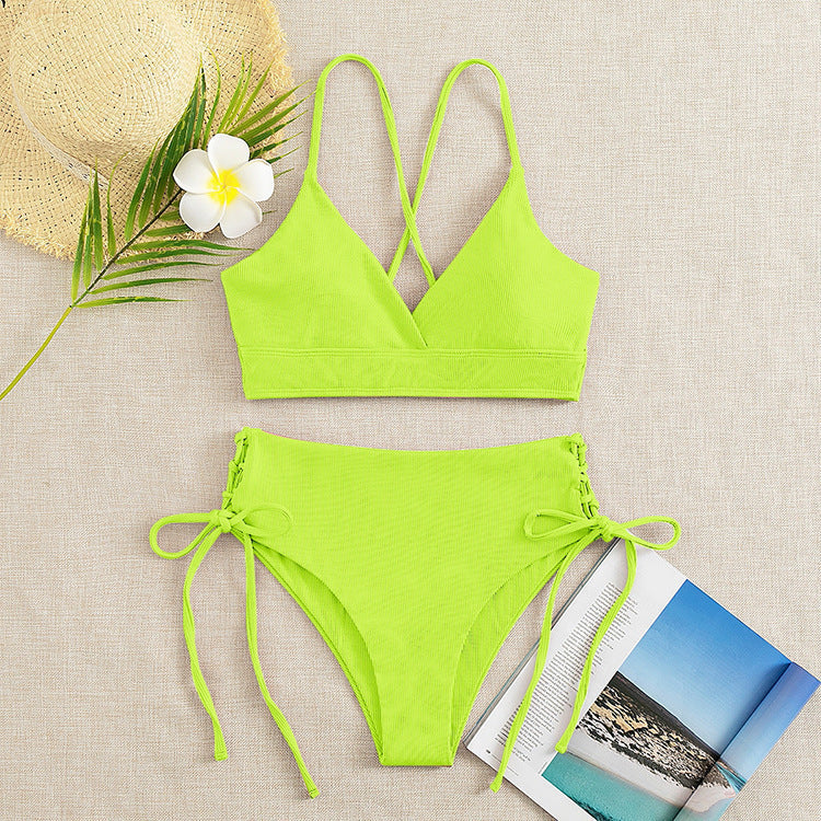 New European and American Swimwear Women Cross-border Solid Color V-neck Sexy Bikini suit High Waist Drawstring Split Swimsuit