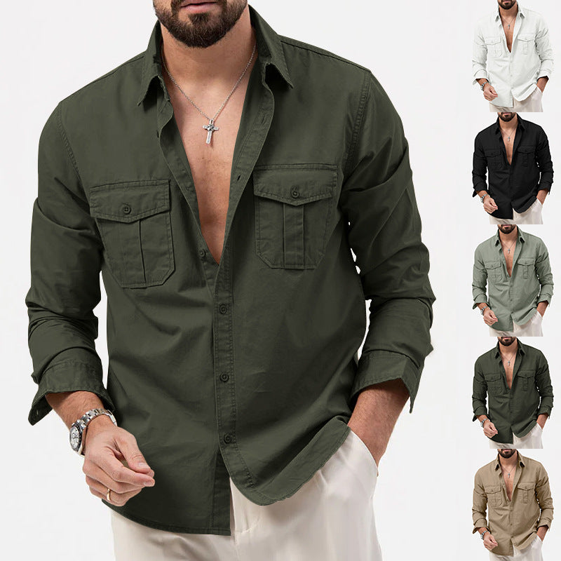 2025 New Men's Shirts Cross-Border Export Aliexpress Independent Station European and American Multi-Flap Pocket Pants Casual Long-Sleeved Tops for Men