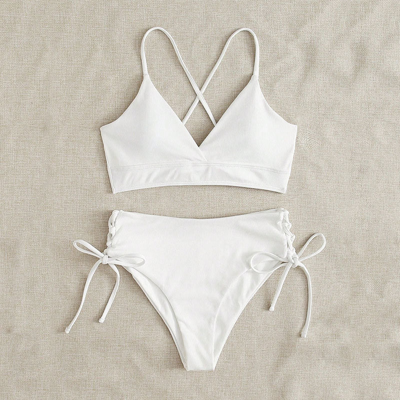 New European and American Swimwear Women Cross-border Solid Color V-neck Sexy Bikini suit High Waist Drawstring Split Swimsuit