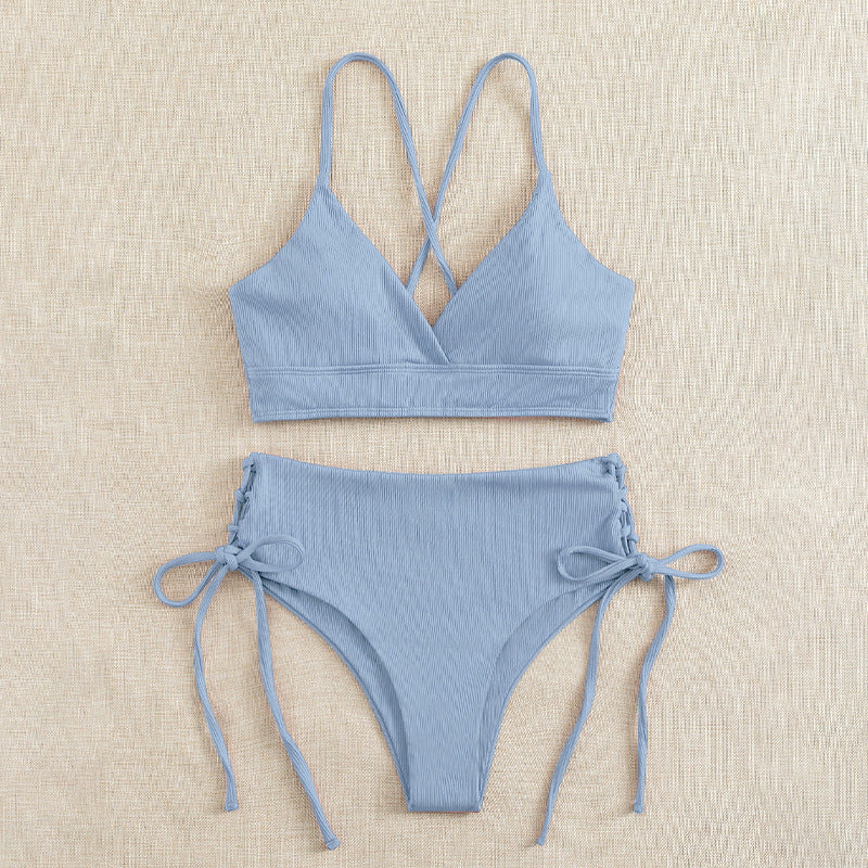 New European and American Swimwear Women Cross-border Solid Color V-neck Sexy Bikini suit High Waist Drawstring Split Swimsuit