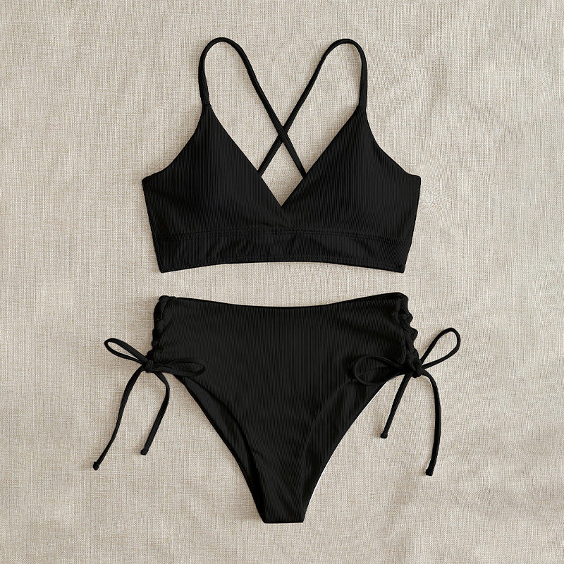 New European and American Swimwear Women Cross-border Solid Color V-neck Sexy Bikini suit High Waist Drawstring Split Swimsuit