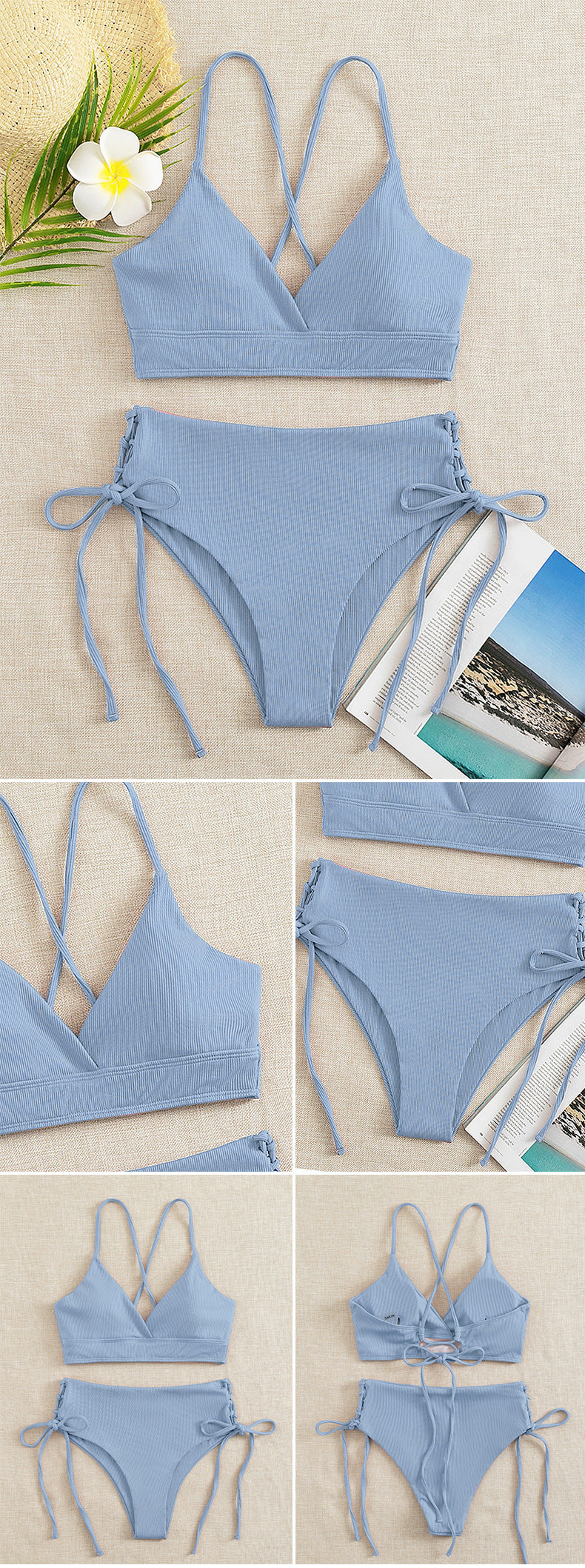New European and American Swimwear Women Cross-border Solid Color V-neck Sexy Bikini suit High Waist Drawstring Split Swimsuit