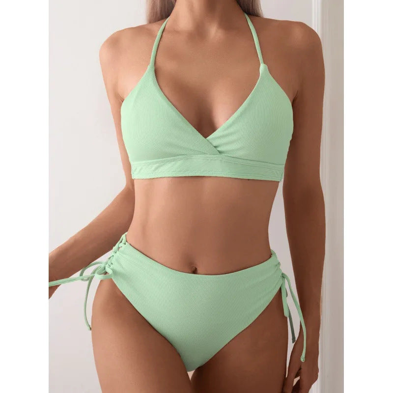 New European and American Swimwear Women Cross-border Solid Color V-neck Sexy Bikini suit High Waist Drawstring Split Swimsuit