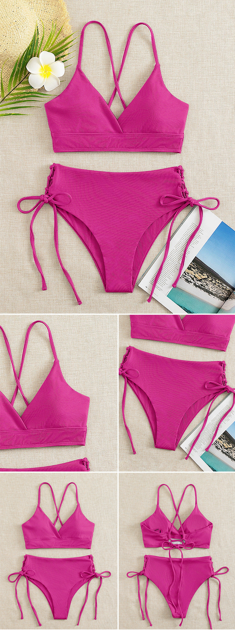 New European and American Swimwear Women Cross-border Solid Color V-neck Sexy Bikini suit High Waist Drawstring Split Swimsuit