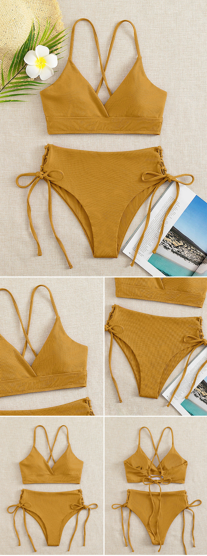 New European and American Swimwear Women Cross-border Solid Color V-neck Sexy Bikini suit High Waist Drawstring Split Swimsuit