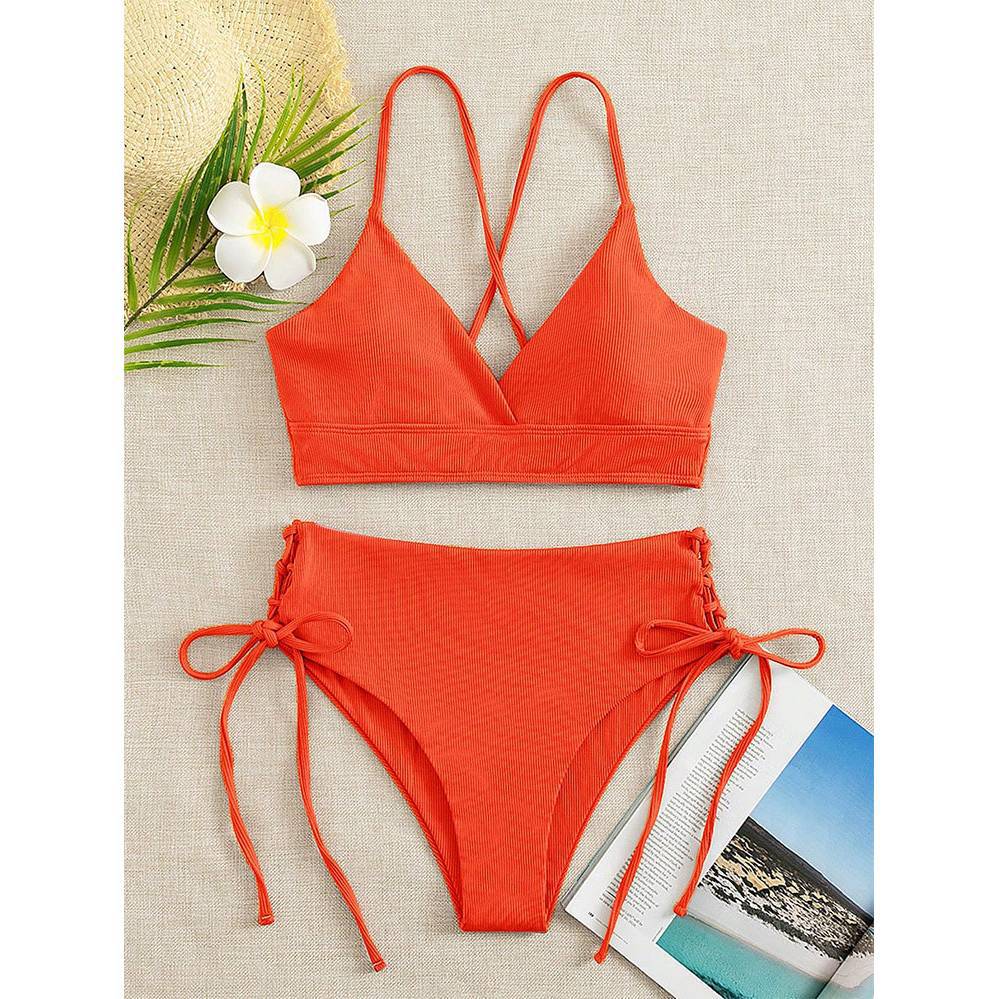 New European and American Swimwear Women Cross-border Solid Color V-neck Sexy Bikini suit High Waist Drawstring Split Swimsuit