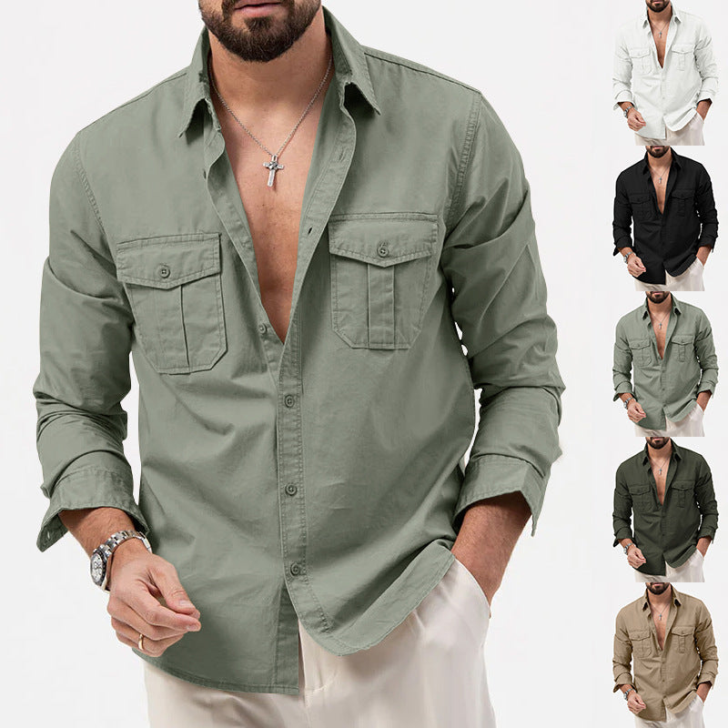 2025 New Men's Shirts Cross-Border Export Aliexpress Independent Station European and American Multi-Flap Pocket Pants Casual Long-Sleeved Tops for Men