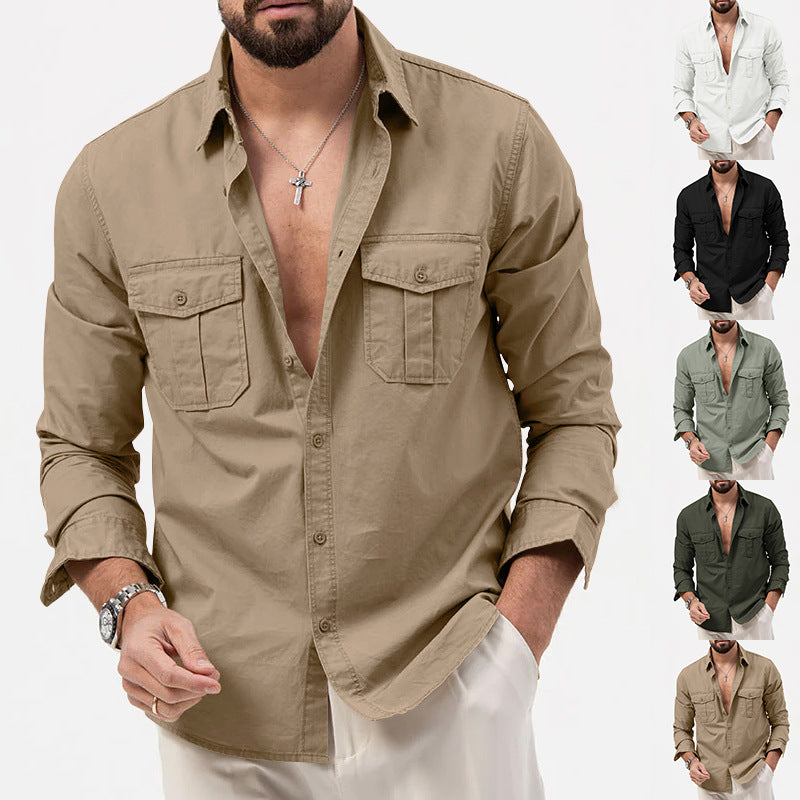 2025 New Men's Shirts Cross-Border Export Aliexpress Independent Station European and American Multi-Flap Pocket Pants Casual Long-Sleeved Tops for Men