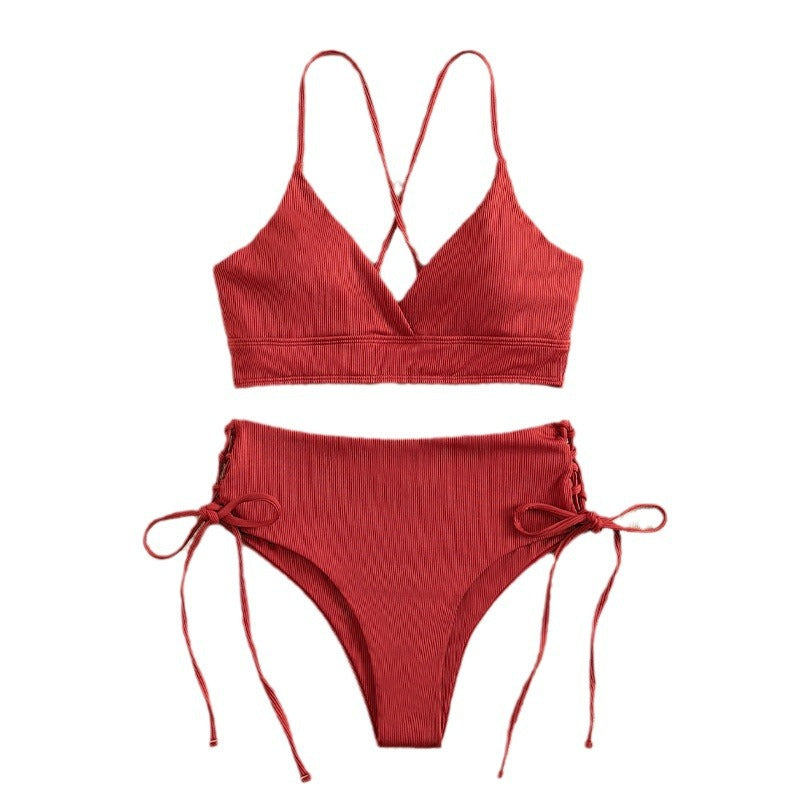 New European and American Swimwear Women Cross-border Solid Color V-neck Sexy Bikini suit High Waist Drawstring Split Swimsuit