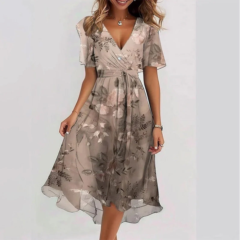 Woman Floral Print V-Neck Short Sleeve Midi Dress