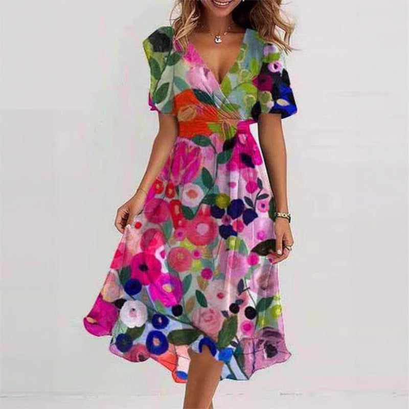 Woman Floral Print V-Neck Short Sleeve Midi Dress