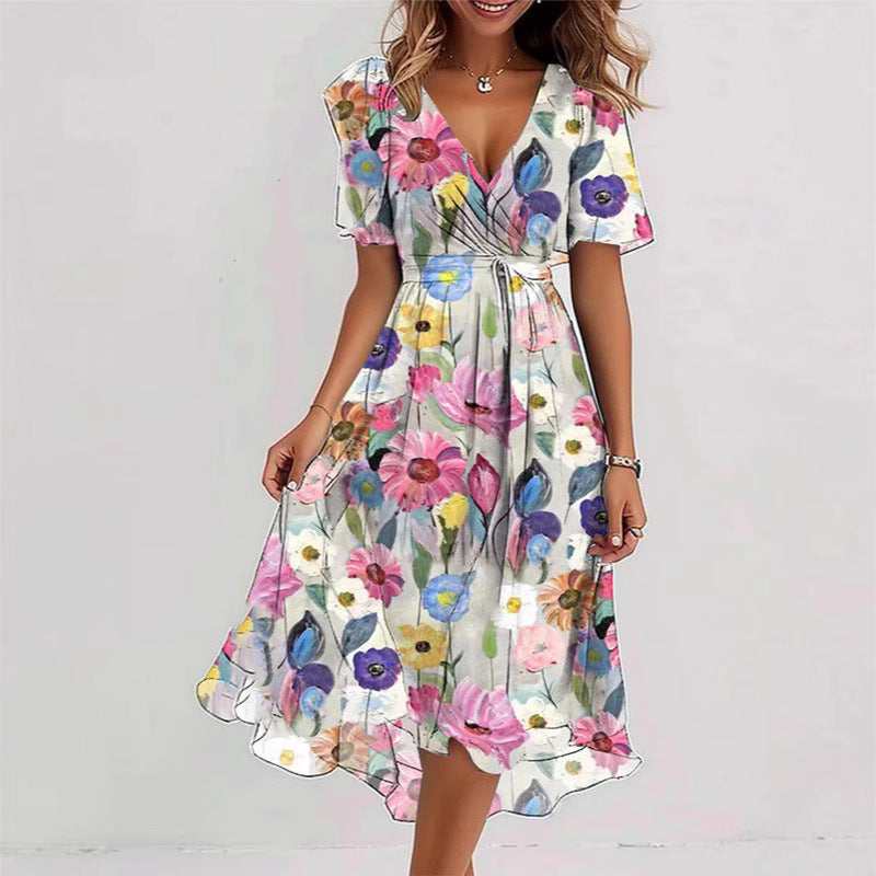 Woman Floral Print V-Neck Short Sleeve Midi Dress